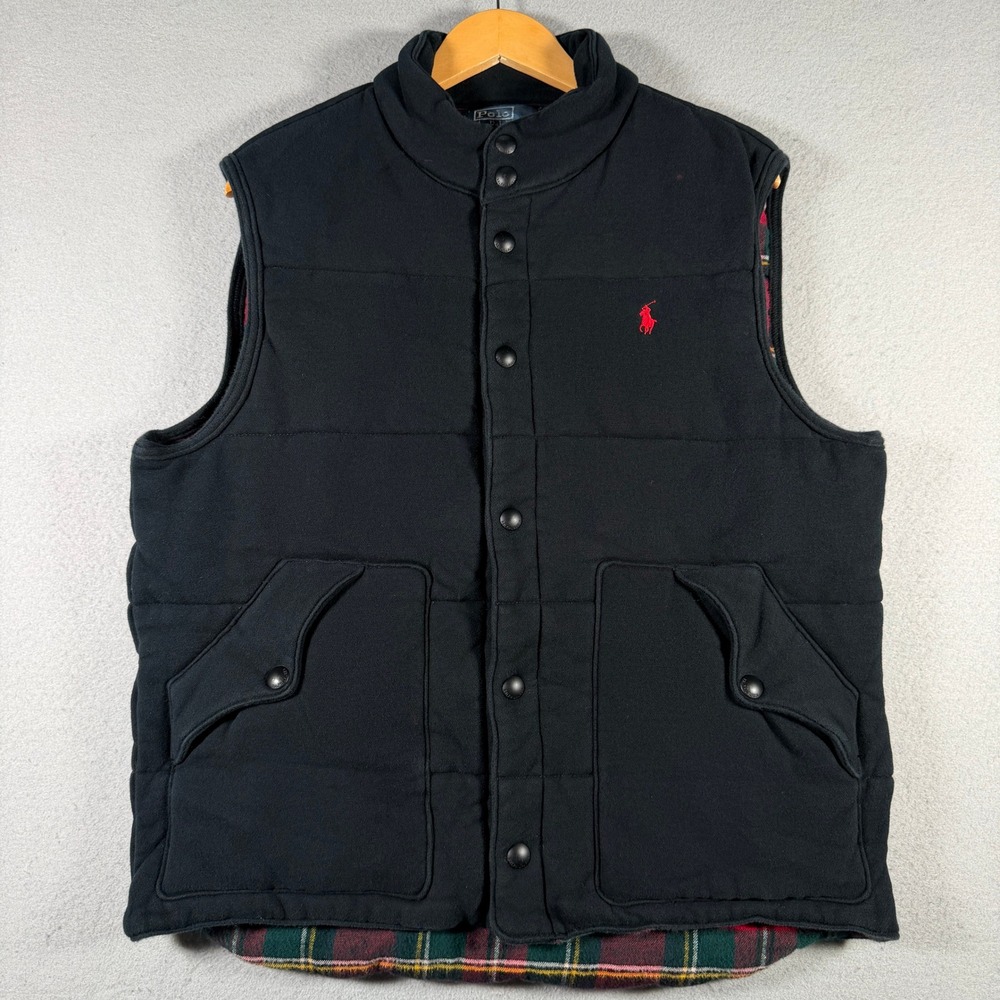 Polo Ralph Lauren Mens Black Plaid Lined Cotton Blend Puffer Vest Large Y2K